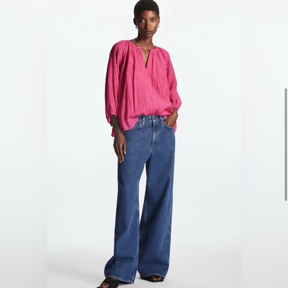 COS Size M Keyhole 3/4 Length Puff Sleeve Cotton Lined Seersucker Top - Pink